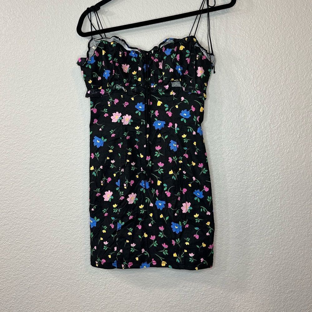 For love and Lemons Robin Floral Black Linen Tie Straps Mini Dress Size M - Picture 4 of 7